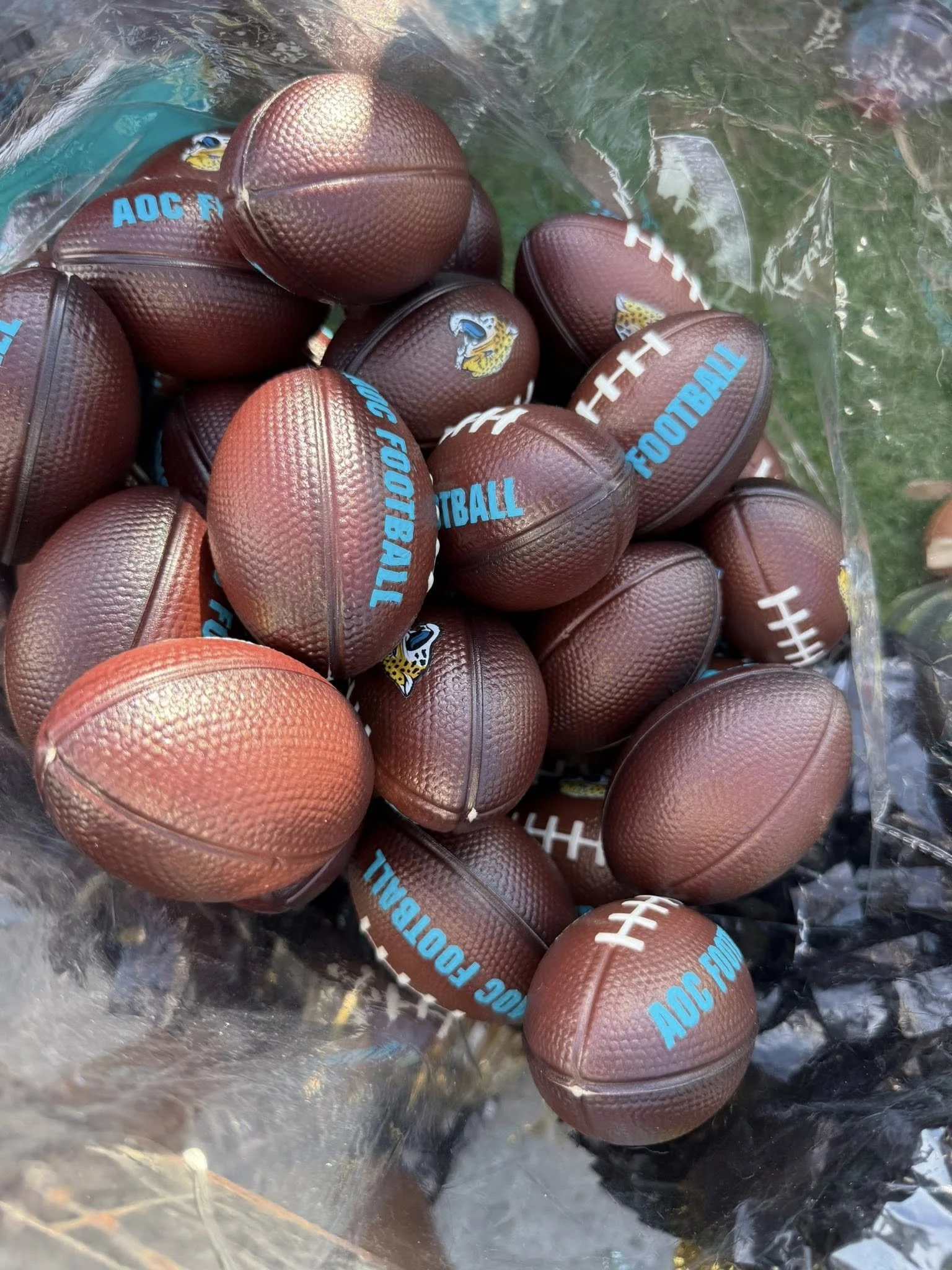 A bag of small brown footballs with blue and white markings, some with the Jaguars logo, inside a clear plastic bag.