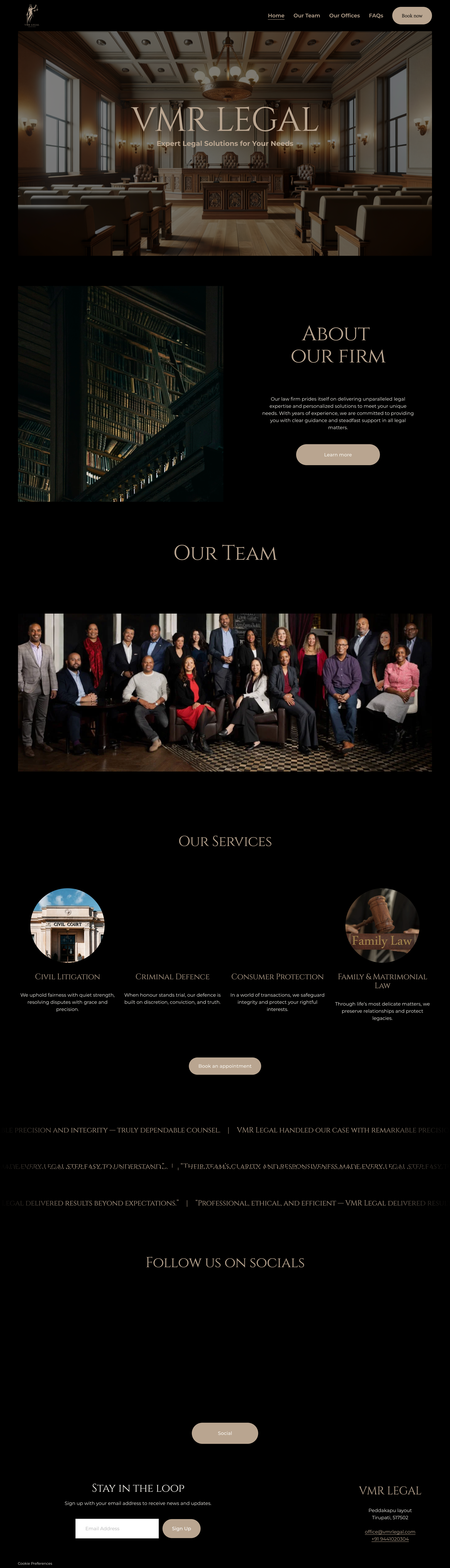 Homepage of VMR Legal website showing a courtroom, a library, a team photo, and icons for services like civil litigation, criminal defense, consumer protection, and family law.