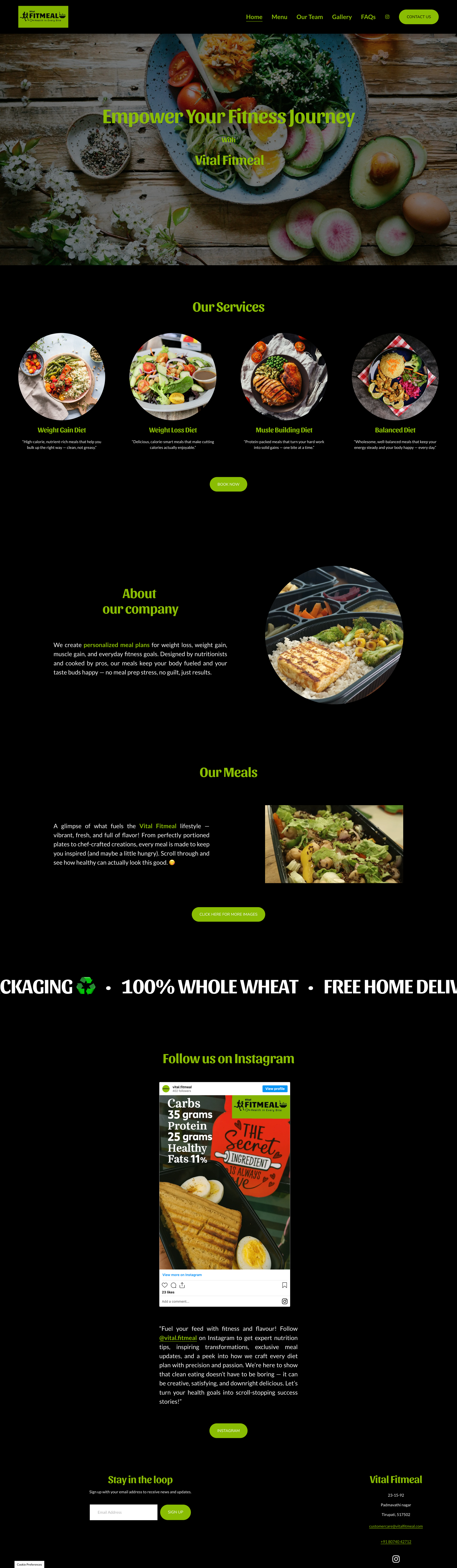 A website homepage for Vital Fitmeal featuring a vibrant photo of a salad with avocado, cherry tomatoes, and radishes. The site promotes healthy eating and personalized meal plans.