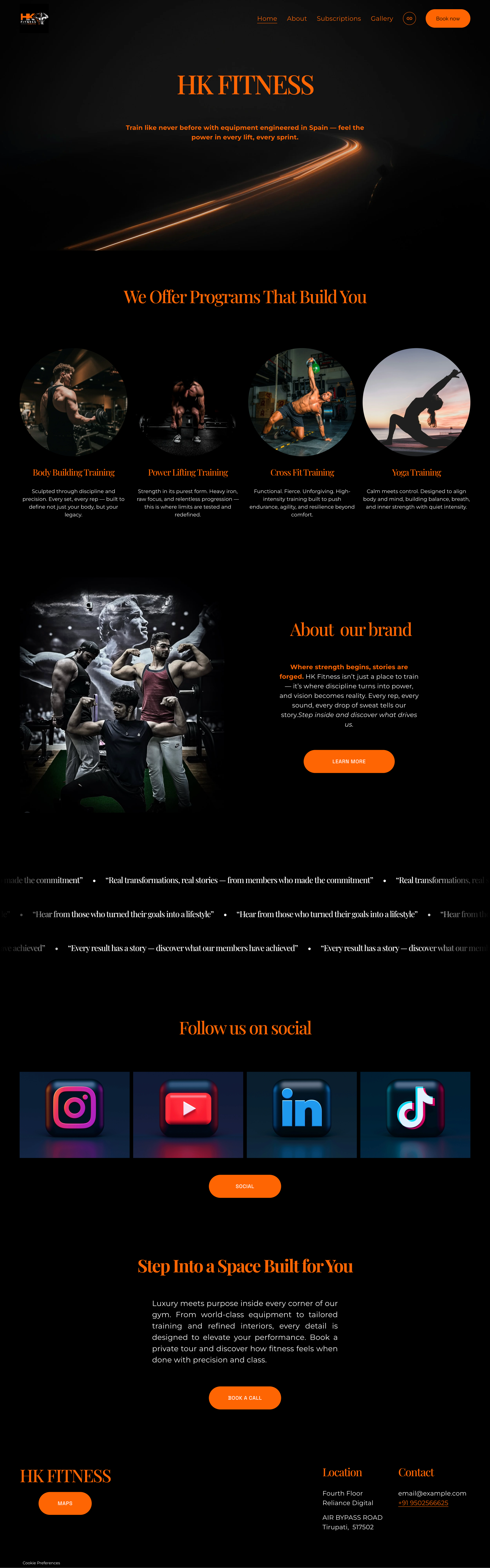 Homepage of HK Fitness website with a dark background, orange and black color scheme, featuring a header menu, promotional images of workouts, social media icons, and call-to-action buttons for booking a consultation and learning more about the gym.