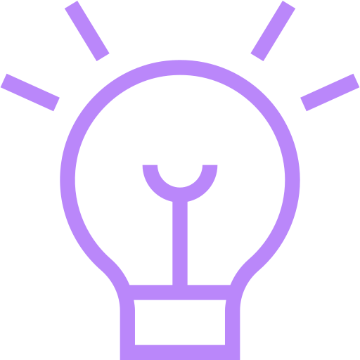A purple outline of a light bulb with rays emanating from it.