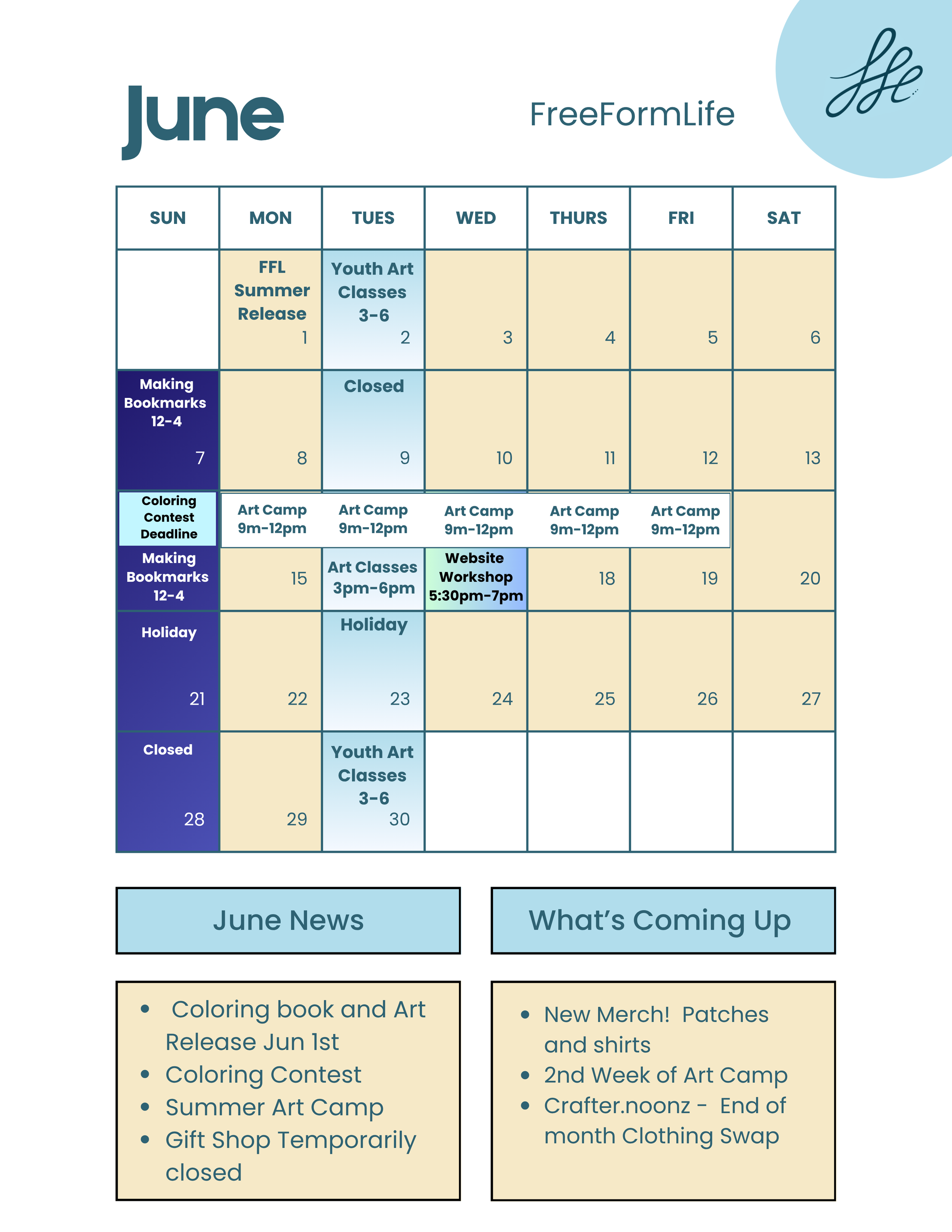 Calendar of June showing Tuesday afternoon youth art classes 3-6. Closed 6/9 and 6/23.  Crafternoonz 12-4 June 7 and 14th. Website workshop 5:30-7 on June 17th. Youth Summer art camp 9am-12 Mon-Friday June 15-19. Coloring Contest deadline June 14th.