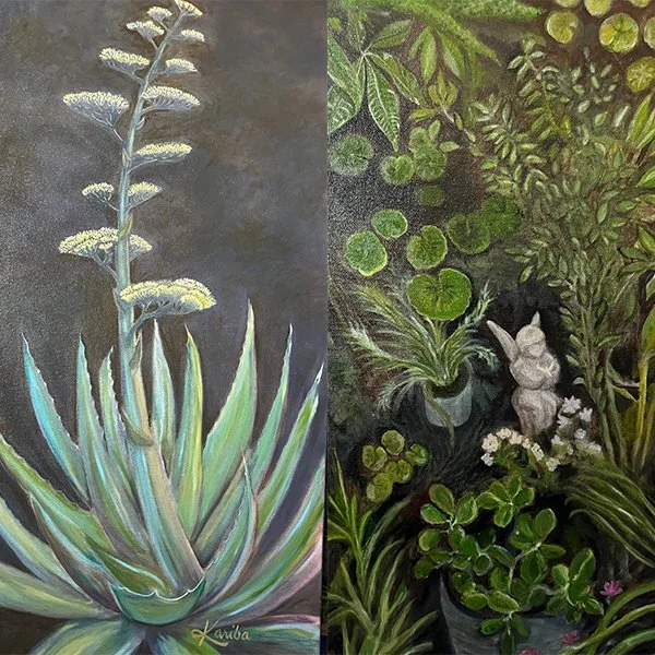 Two oil paintings with dark brown backgrounds. One with a blooming agave plant.  The other a scene of a garden with many green leaves in various shapes with a white angel holding a small bird statue tucked in among the plants