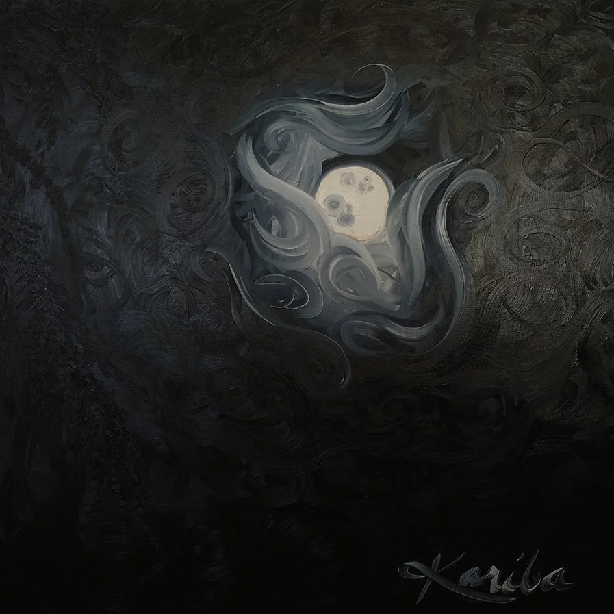 White moon peeking through silver clouds with textured black surrounding.