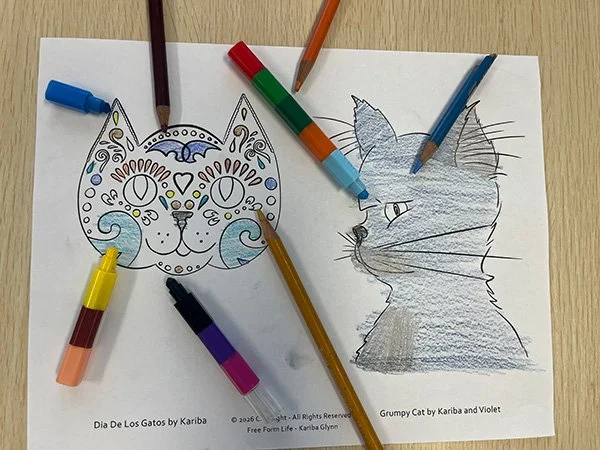 Coloring Page - 2 for 1 - "Dia De Los Gatos and Grumpy Cat"