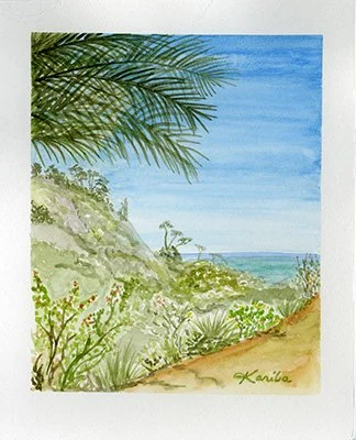 View of ocean watercolor painting from the botanical garden with palm fronds in the foreground, layers of hillside with vegetation and the horizon view of the ocean nested in the valley.