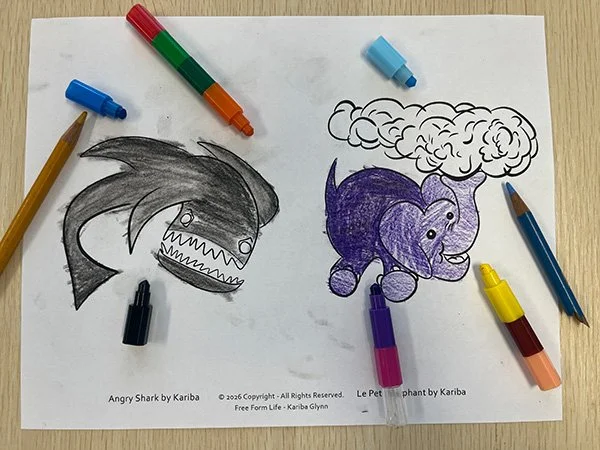 Coloring Page - 2 for 1 - "Angry Shark and Le Petit Elephant"