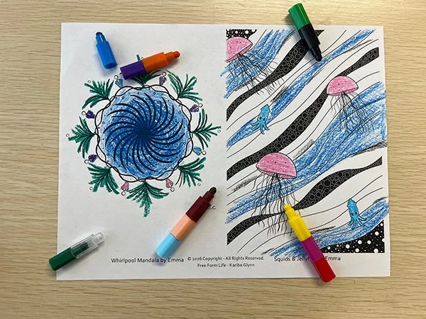 Coloring Page - 2 for 1 - "Whirlpool Mandala and Squids and Jellyfish"