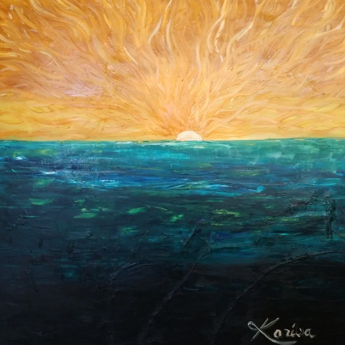 Oil painting of sun setting in ocean with cool deep water color and vibrant orange flames from the sun center