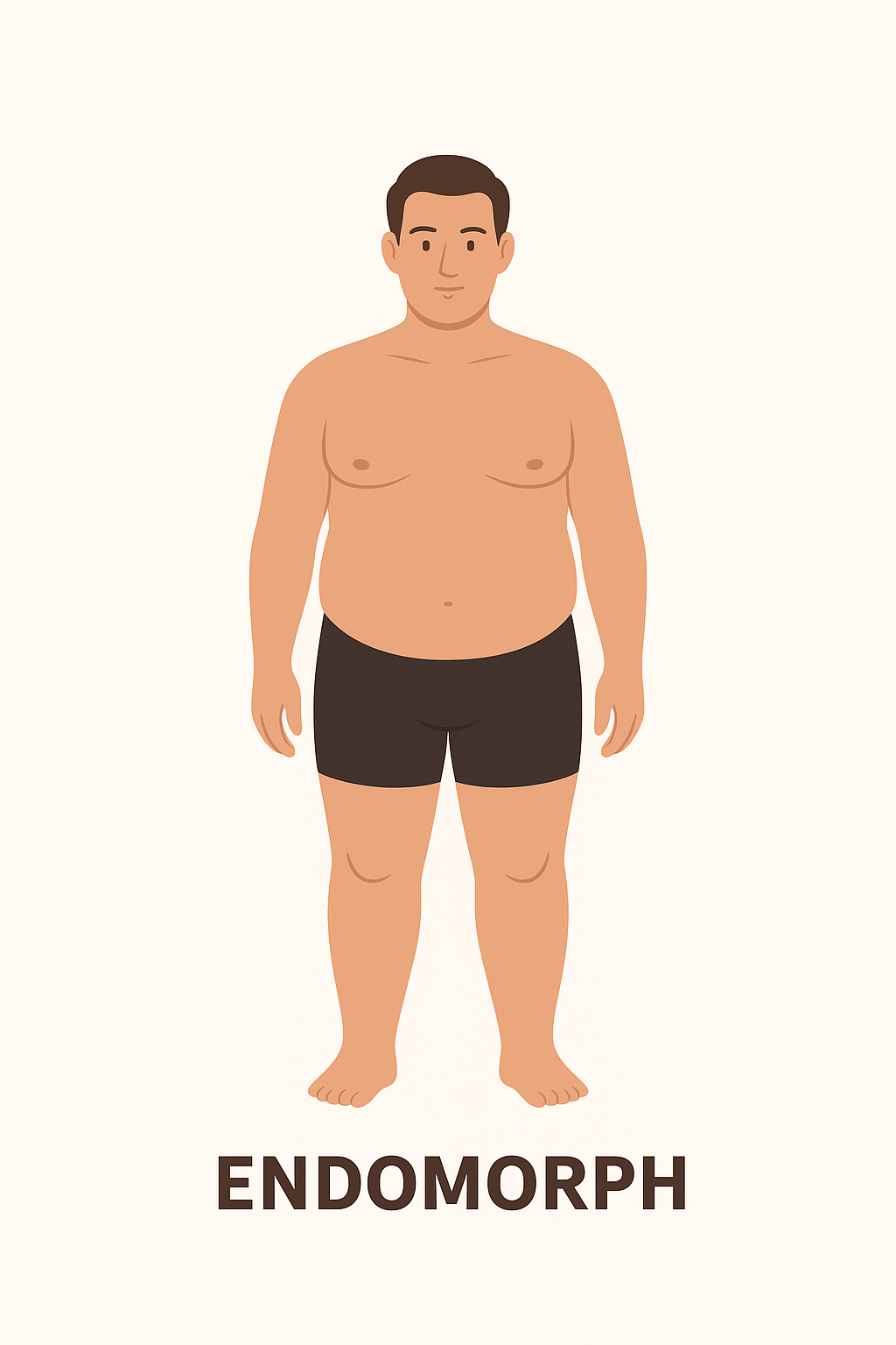 Illustration of a man with endomorph body type, characterized by a rounded, softer physique, standing against a plain background, wearing black shorts.