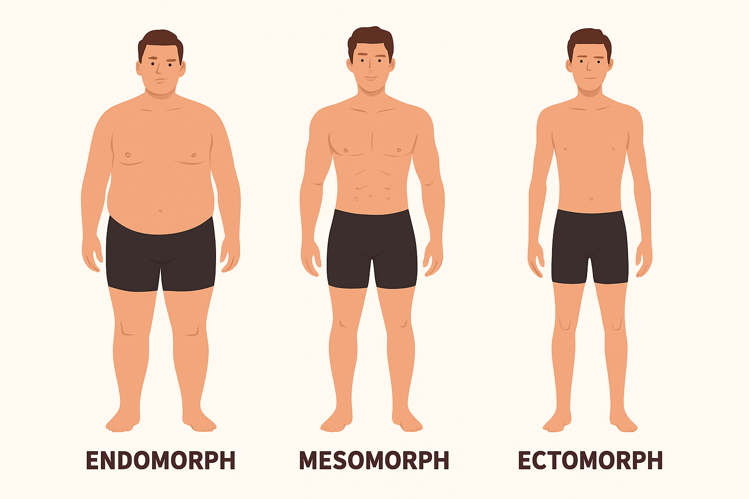 Illustration showing three different male body types labeled as Endomorph, Mesomorph, and Ectomorph. The Endomorph has a rounder body with more fat, the Mesomorph has a muscular and leaner build, and the Ectomorph has a slender and thin physique.