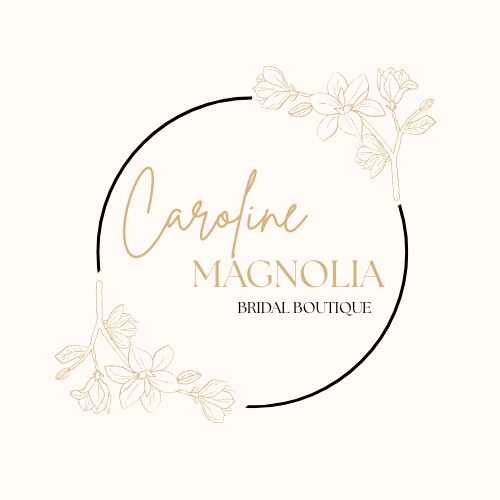 Elegant logo for Caroline Magnolia Bridal Boutique featuring floral illustrations and a circular design.
