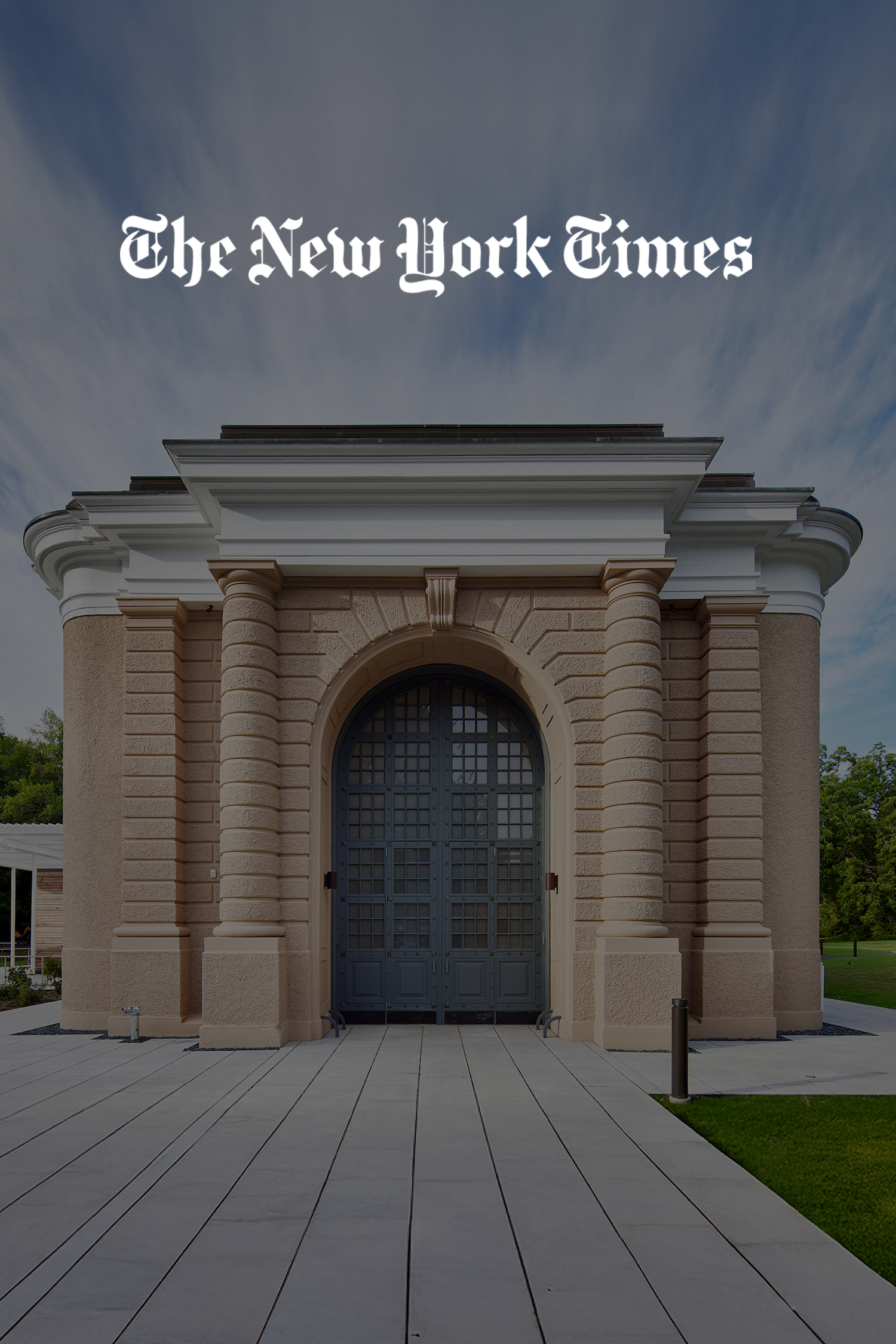 Cover photo of a New York Times article featuring the facade of a historic building with a large arched entrance, columns, and an overhanging roof, backed by a clear sky with some dramatic clouds that seem to radiate from behind the building.
