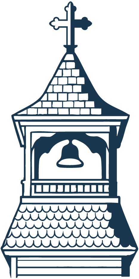 Grace Episcopal Church Icon - illustration of a church steeple with a cross at the top, brickwork pattern on the roof, and a bell visible inside the belfry.