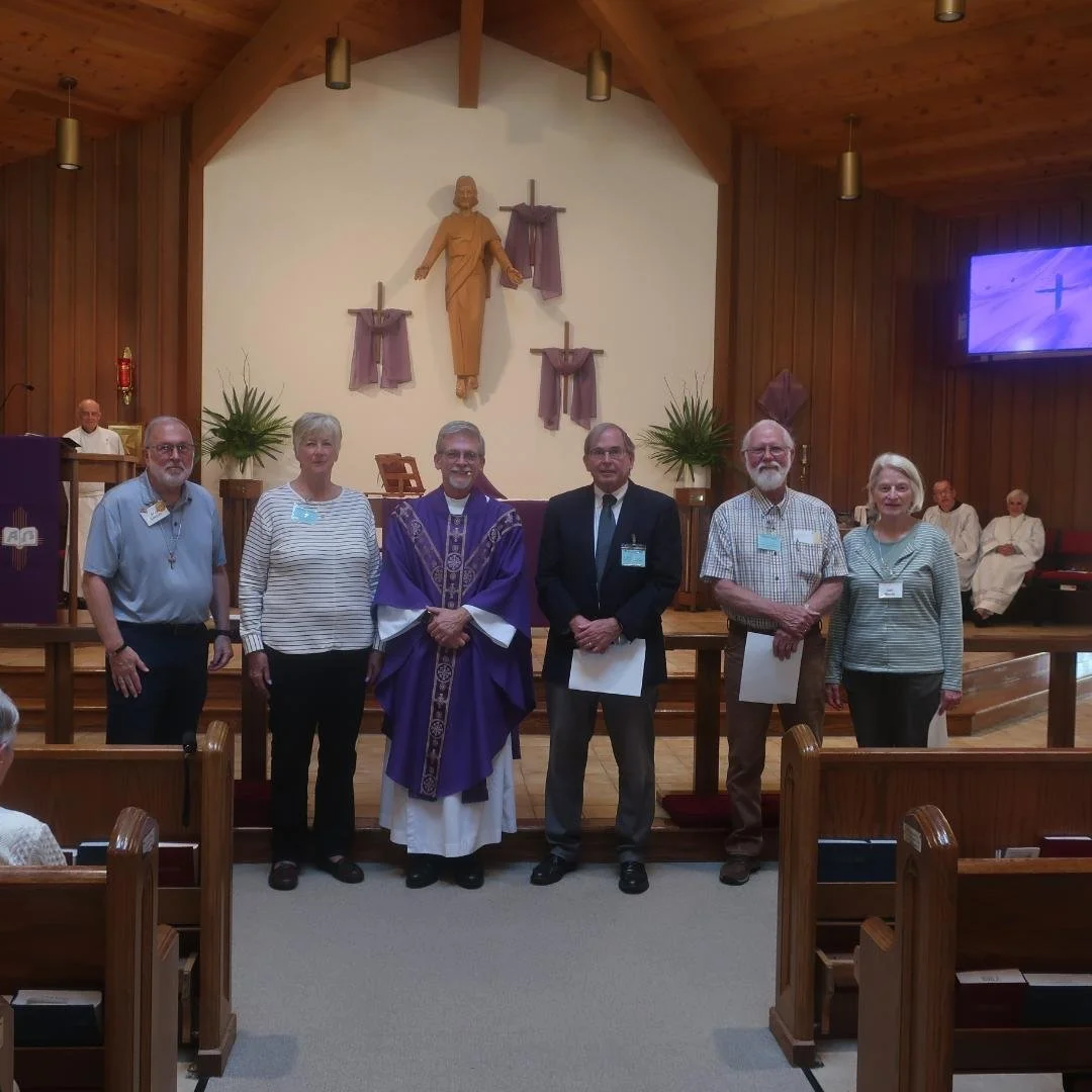 Blessings of the Vestry were conducted at the 8 and 10:30 a.m. services Sunday, March 1. From left are Gary Lincoln, treasurer; Corinne Stebner, junior warden; Fr. Gary Jackson; Alan Titkemeier, senior warden; Michael DeLong; and Gail Merritt, treasu