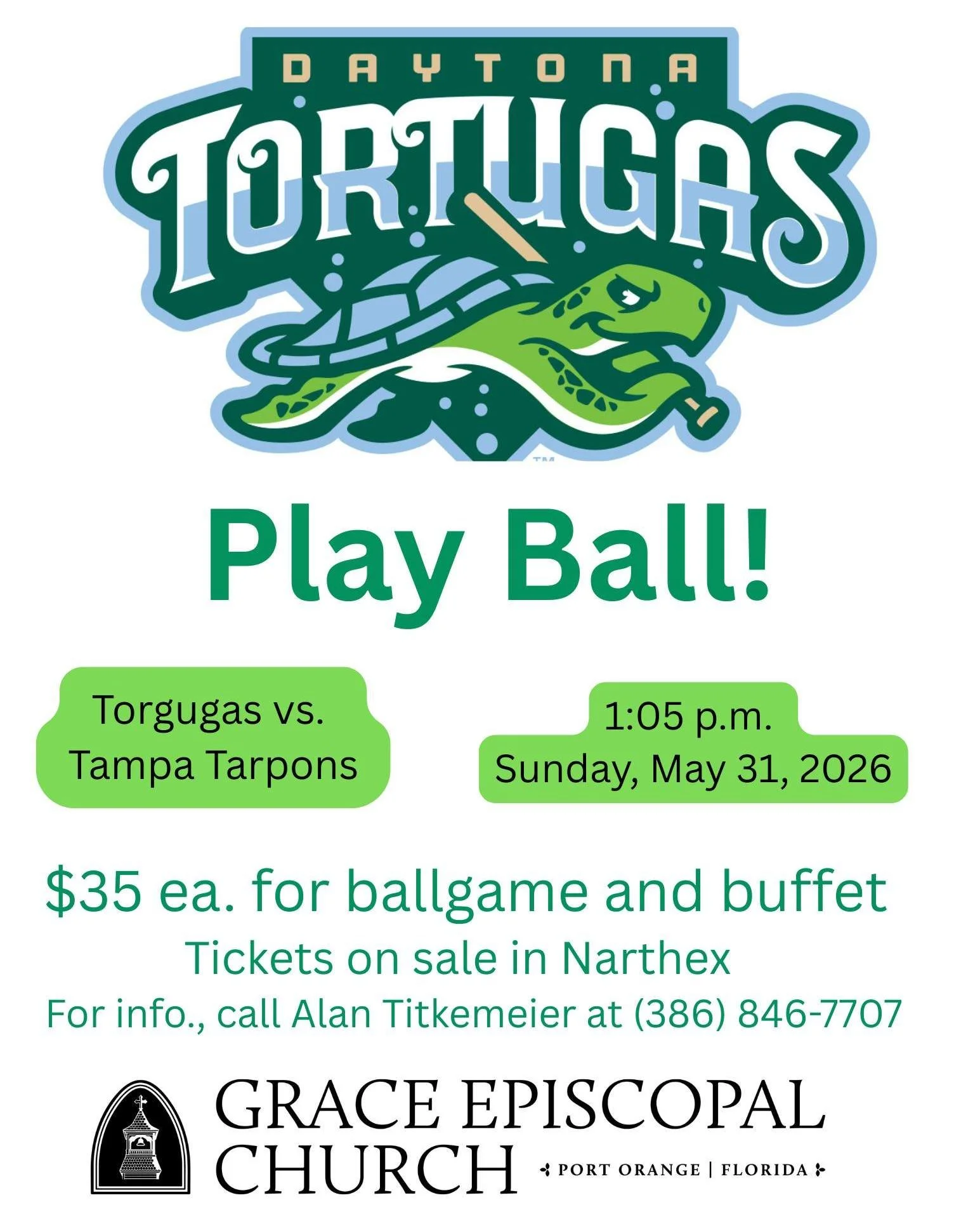 The Men's Bible Class at Grace Church invites everyone to fun afternoon at Jackie Robinson Ballpark. Buffet in the Turtles Nest begins one hour before game starts and ends one hour after game starts. Menu: Hot dogs, hamburgers, pulled pork, pulled ch