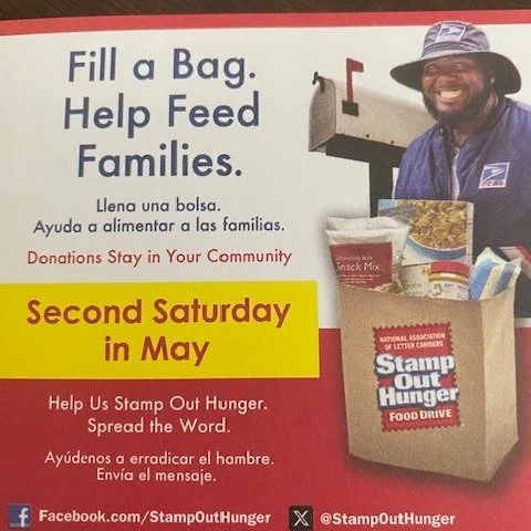 They're not kidding. Donations stay in the community. So, the Grace Church Food Pantry needs help to unload truck(s) from the Postal Service workers' food drive at 4 p.m. Saturday, May 9.

But first remember to put a bag of food out for the Postal wo