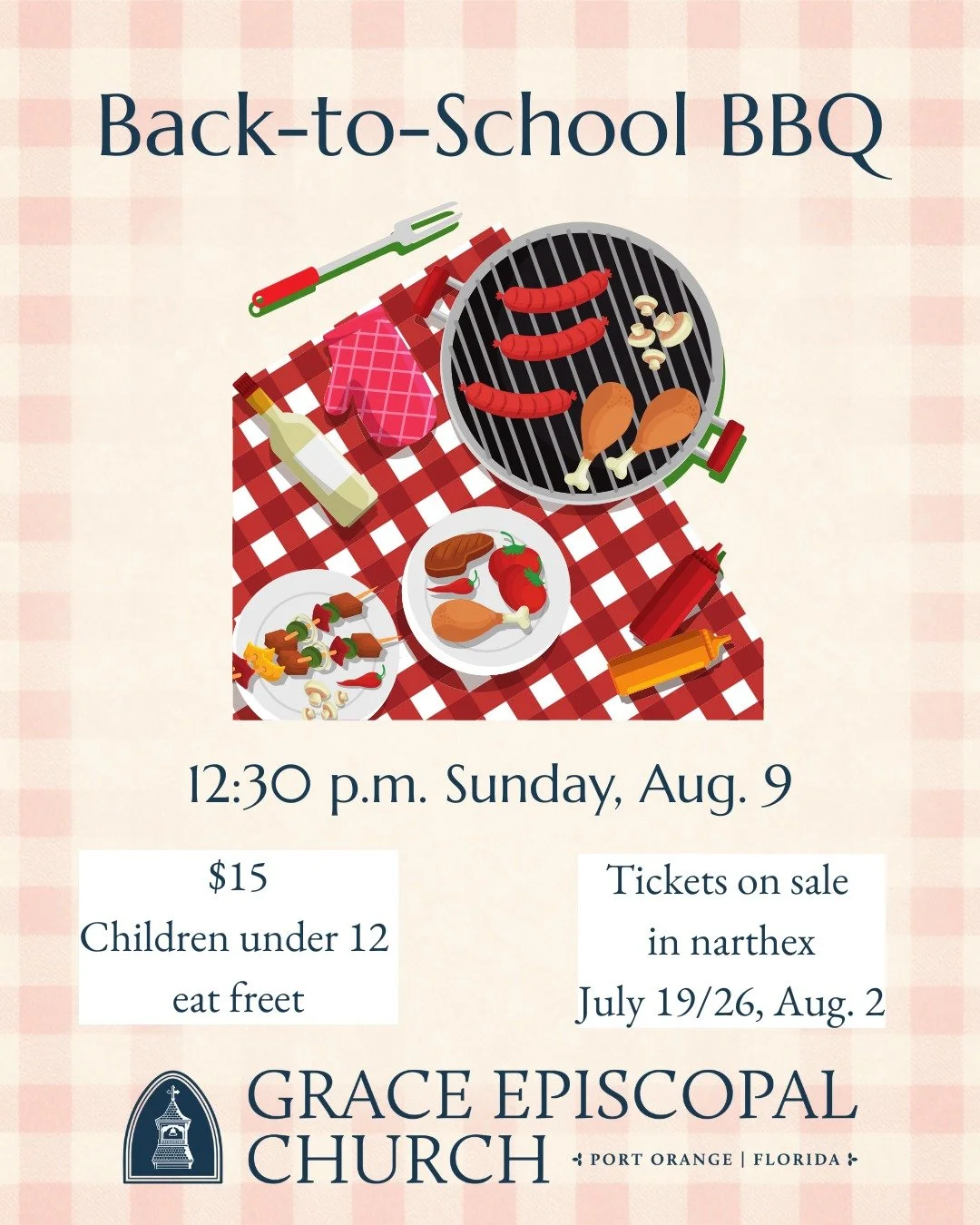 Last day to buy tickets coming up! Menu: Beef Brisket, Pulled Pork, Roasted Chicken, Baked Beans, Potato Salad, Cole Slaw, Corn on the Cob, Watermelon, Apple Pie, Sweet Tea and Lemonade.

#portorangechurch #daytonaareachurch #episcopalchurch #gracech