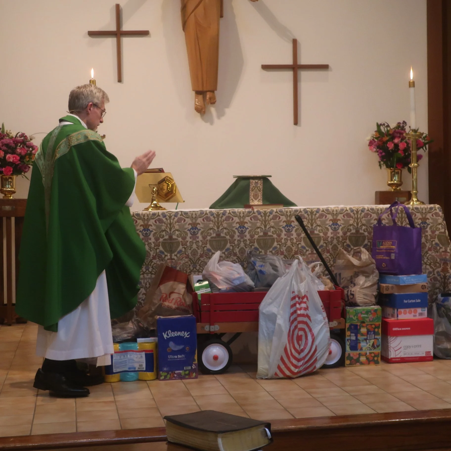 Destined for children in need at Port Orange or Sugar Mill Elementary School, Fr. Gary Jackson blessed the annual donations of Back-to-School items by Grace Episcopal Church parishioners. The B-to-S committee deeply appreciates everyone's generosity.