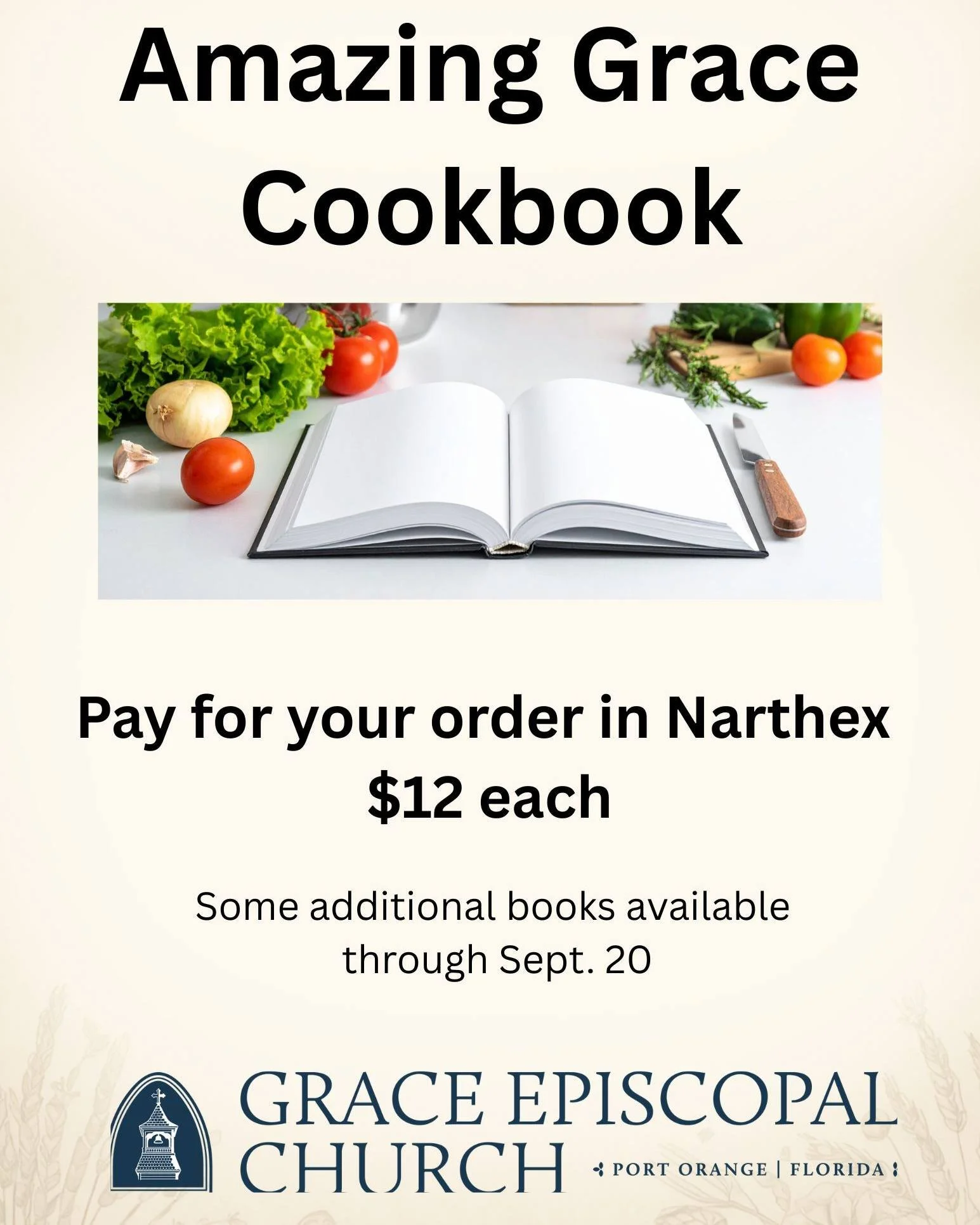 The Episcopal Church Women will begin collecting the money for preordered cookbooks in the narthex starting Aug. 30 and for four Sundays after each service. The cost is $12 each. Due to some holiday specials, Morris Publishing is sending extra books 