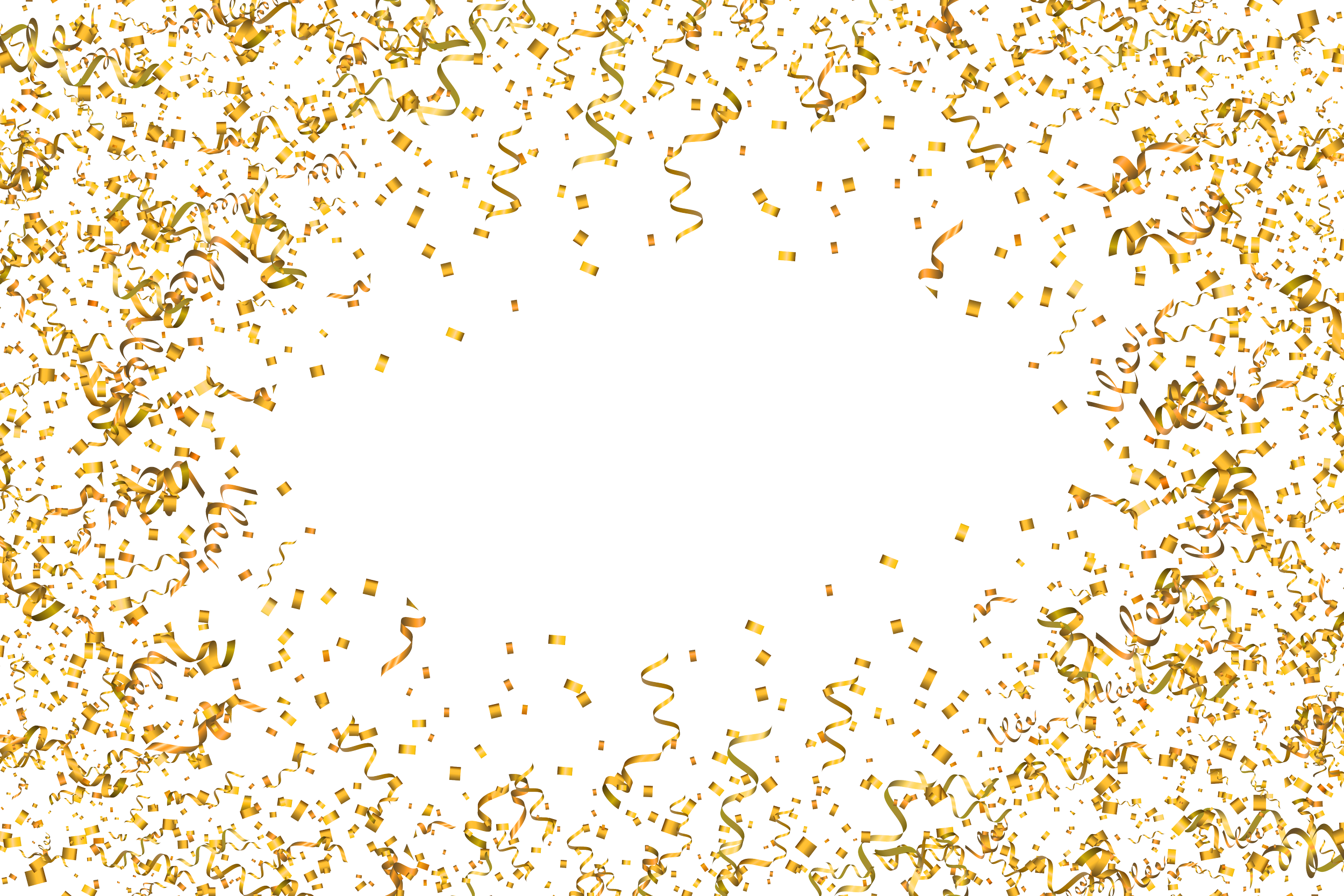A celebration scene with golden confetti and streamers surrounding a blank white rectangular space.