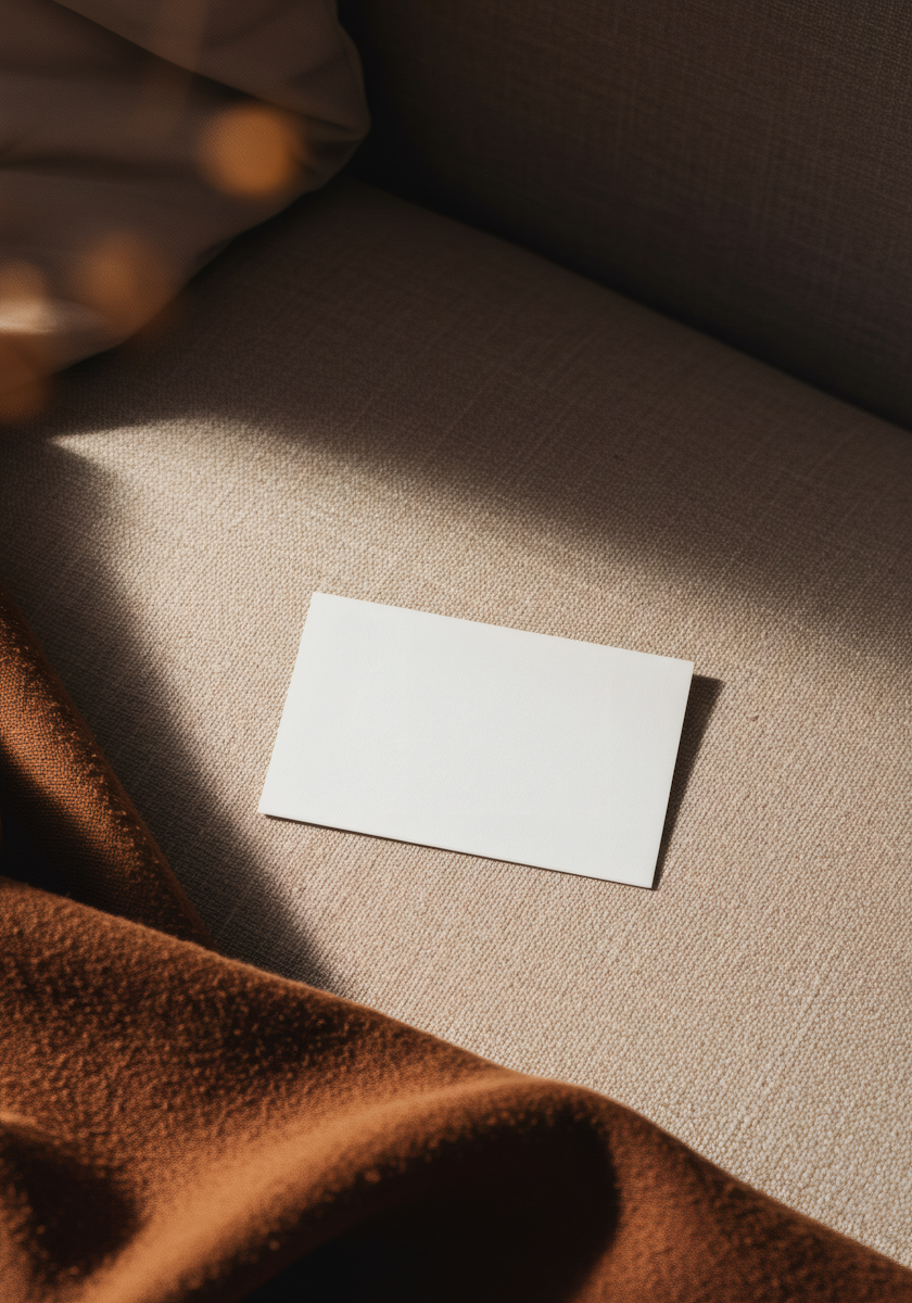 A blank white card resting on a beige fabric sofa, with brown and beige throw blankets partially visible.