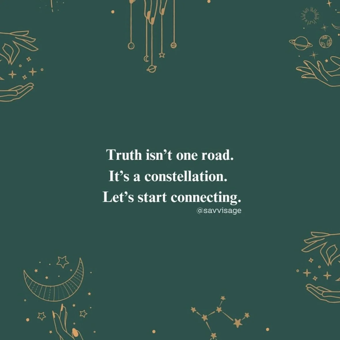 Inspirational quote about connecting with others, surrounded by celestial illustrations like stars, planets, moon, and constellations on a dark green background.