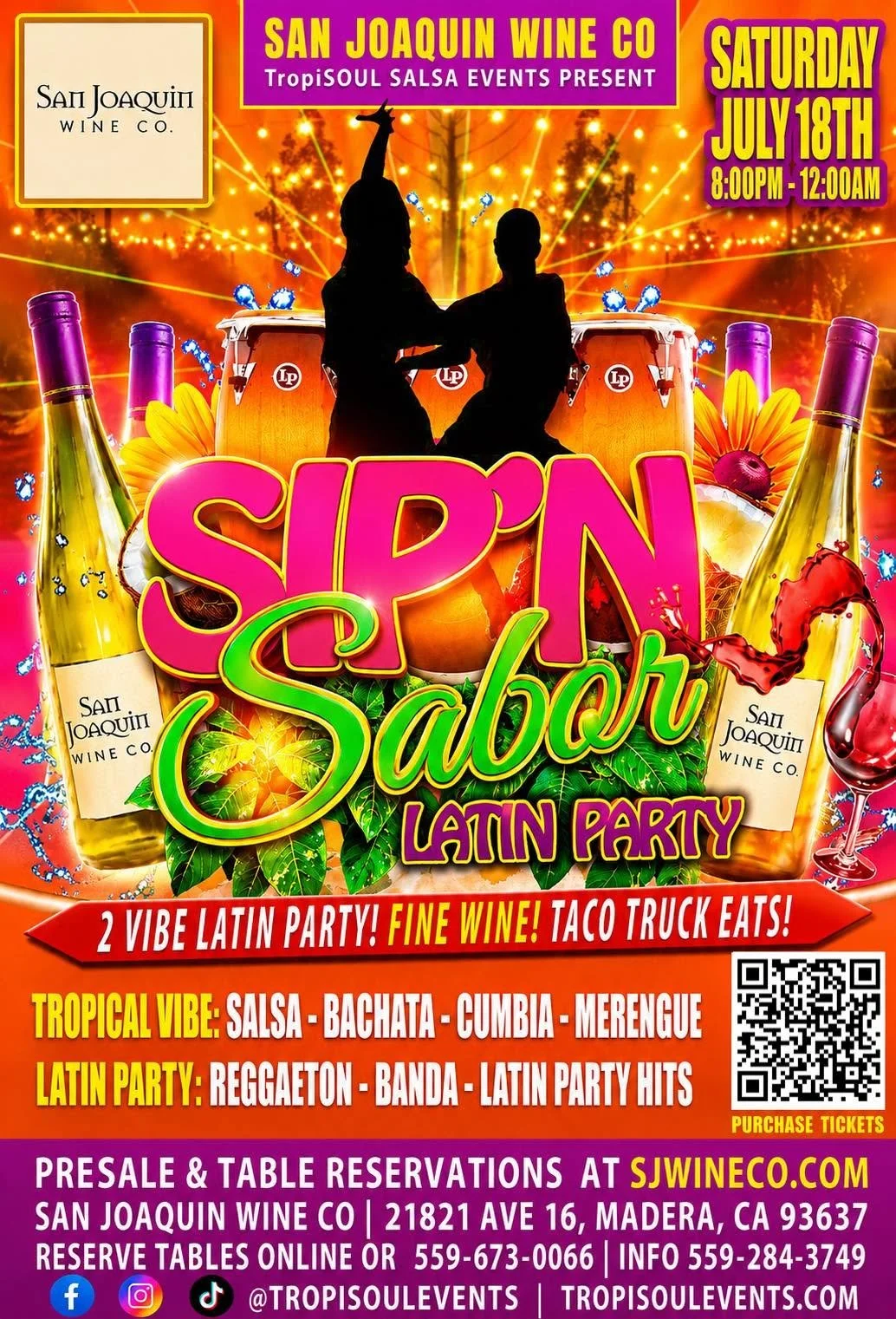 Bright promotional poster for a Latin party called SpiceN Sabor on Saturday, July 18th, from 8:00 PM to 12:00 AM, featuring tropical vibes with salsa, bachata, cumbia, and merengue; and Latin hits, with fine wine and taco truck food, hosted by San Joaquin Wine Co at TropiSOUL Salsa Events.