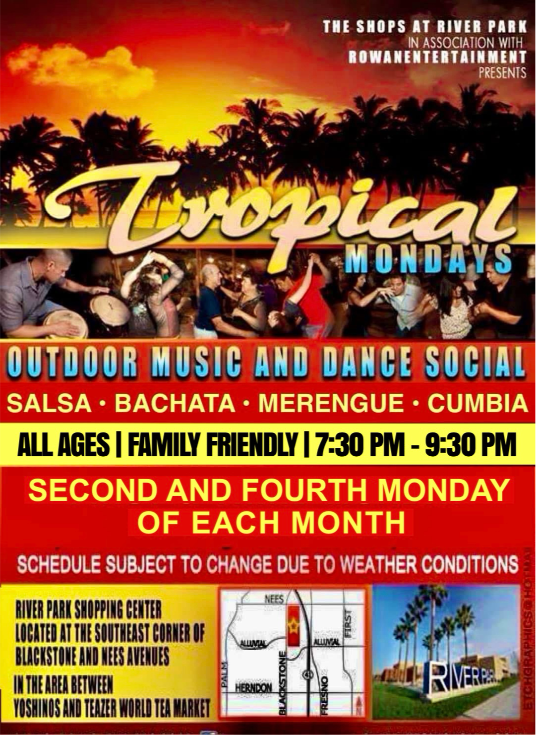 Event flyer for Tropical Mondays outdoor music and dance social featuring salsa, bachata, merengue, and cumbia, held second and fourth Mondays of each month from 7:30 PM to 9:30 PM at River Park Shopping Center, with images of tropical sunset, palm trees, and people dancing.