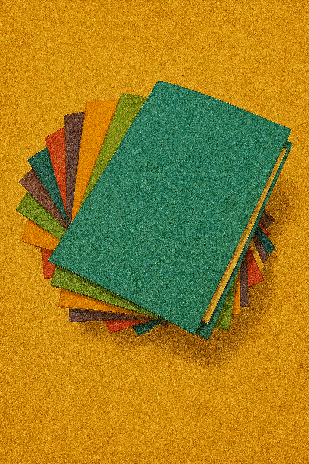 Stack of colourful notebooks or folders arranged in a fan shape on a yellow background.