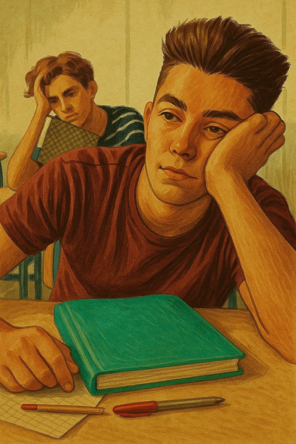 A painting of two young men, one in the foreground with short dark hair, resting his head on his hand and looking somewhat bored or tired. The other in the background with wavy light brown hair, holding a notebook and looking pensively. They are sitting at a desk with a blue book, a pen, and paper.