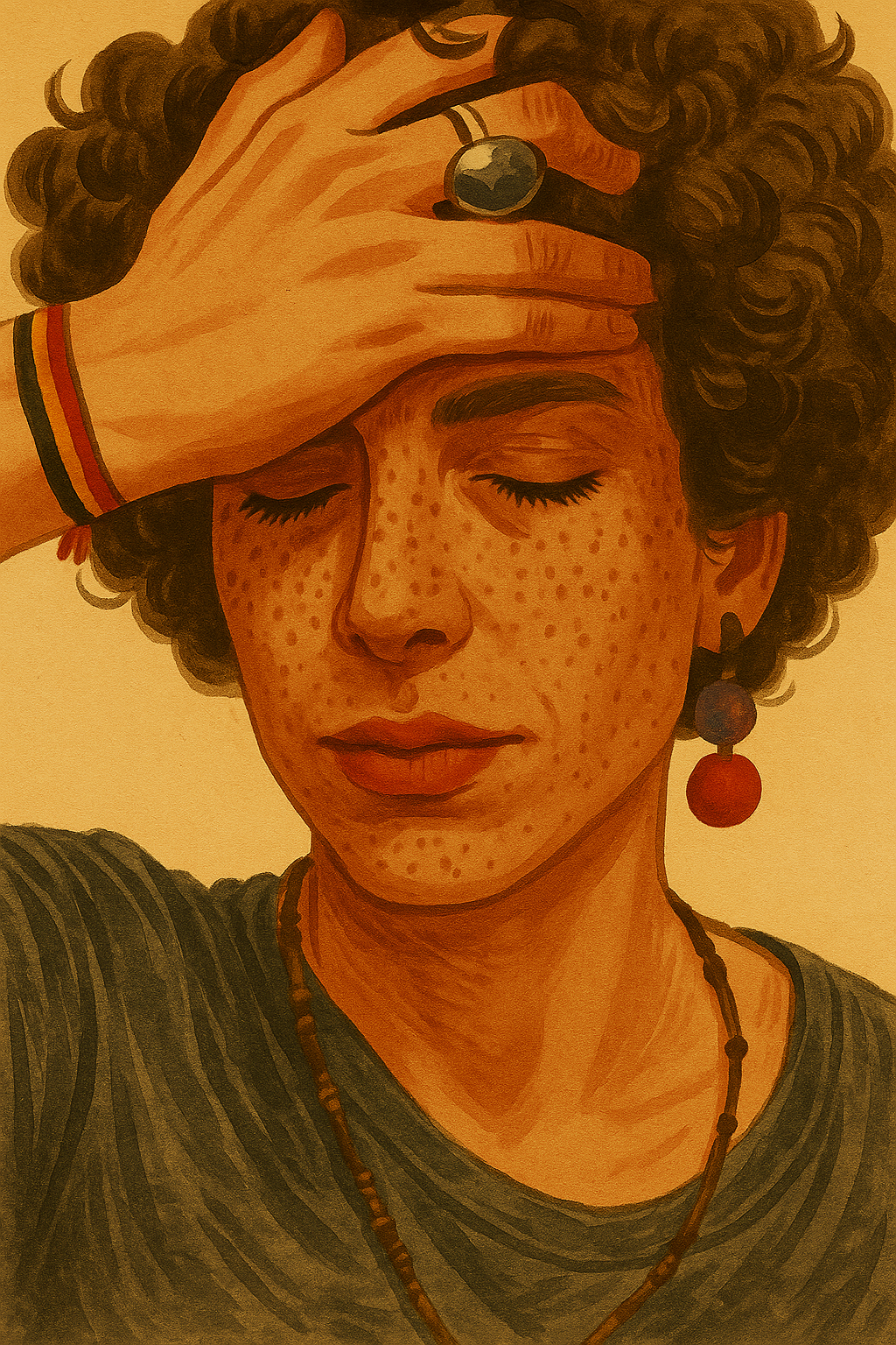 A woman with curly hair and freckles, eyes closed, holding her forehead with one hand. She is wearing a rainbow-colored wristband, a black shirt with stripes, and earrings with purple and red beads.