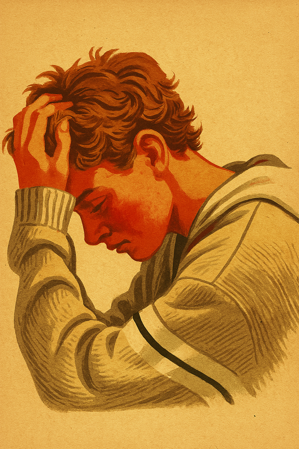 A young man with curly hair and light skin, resting his forehead on his left hand, wearing a beige hoodie with black accents.