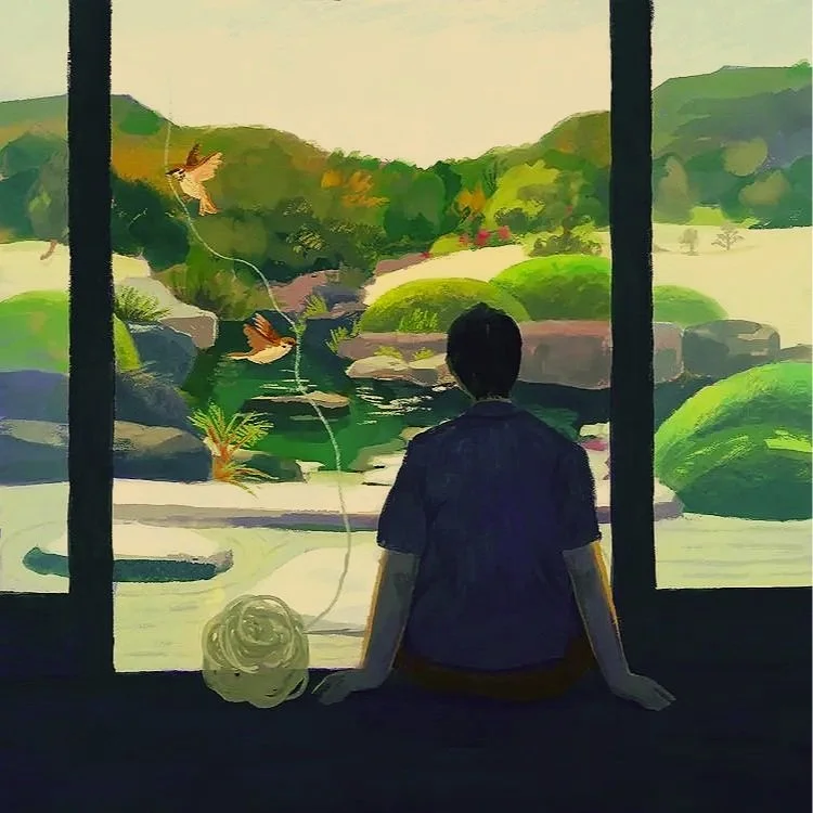 A person sitting by a large window overlooking a lush, scenic landscape with a stream, rocks, and greenery, with two birds flying near the window.