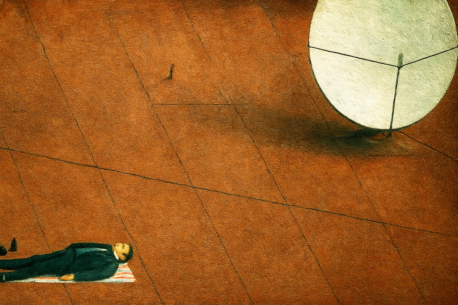 A person lying on a yoga mat in a spacious room with a large spherical lamp on the ceiling.