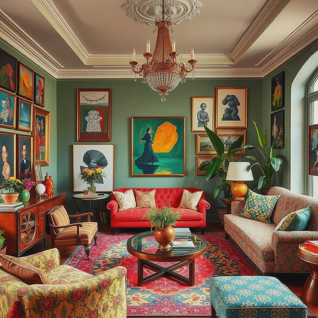 Living room with green walls, a red chandelier, a red velvet sofa, a floral-patterned armchair, a floral-patterned couch, a glass-top coffee table, and various framed artworks and paintings on the walls. Decor includes plants, lamps, vases, and a colorful rug.