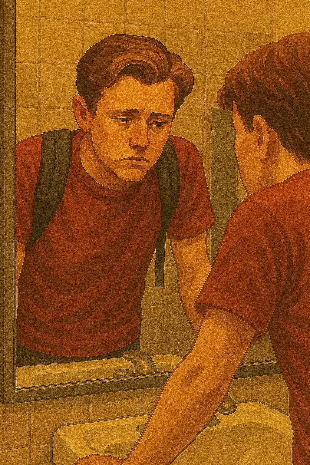 A young man with brown hair looks sad and tired as he looks into a bathroom mirror. He is leaning over a sink, wearing a red T-shirt and a backpack, with a yellow-tiled wall in the background.
