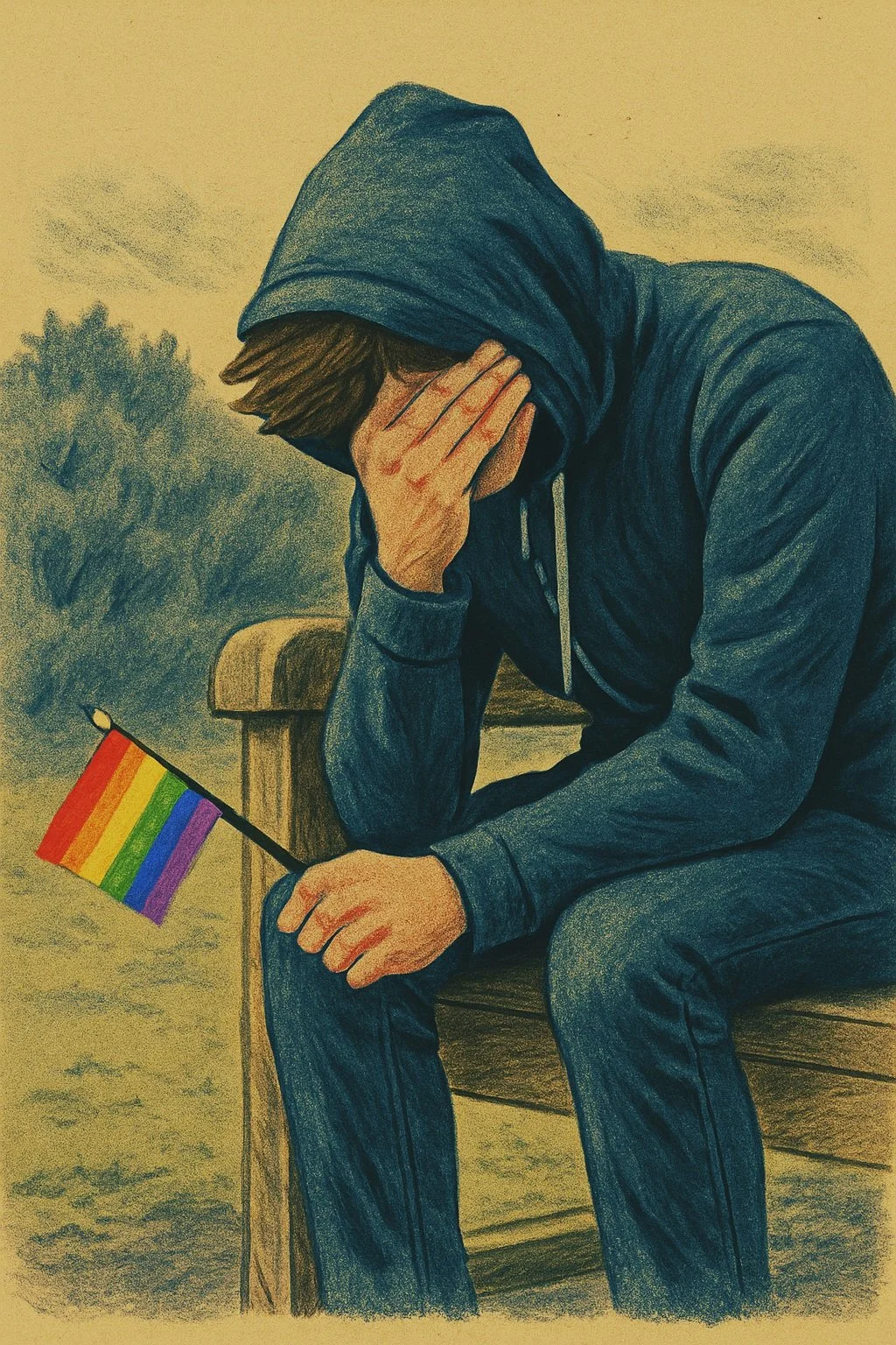 A person wearing a blue hoodie sitting on a bench with their head in their hand and a rainbow LGBTQ+ pride flag beside them.