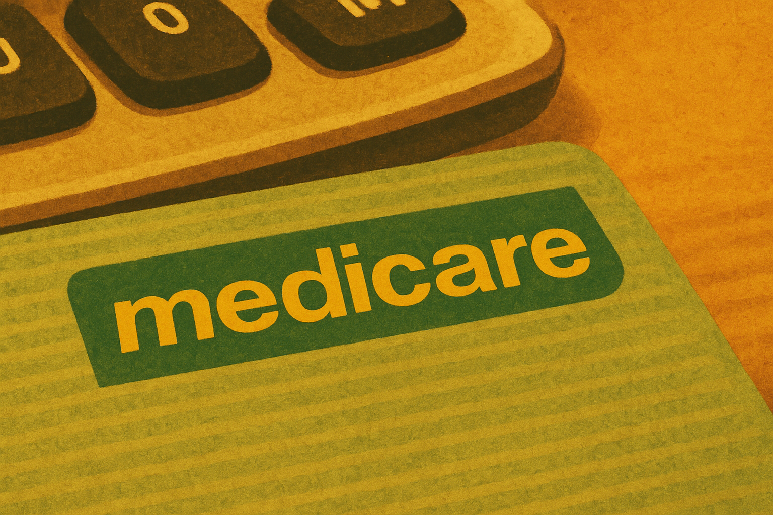 Close-up of a brochure or booklet with the word 'medicare' printed on it, placed near a calculator with black keys.