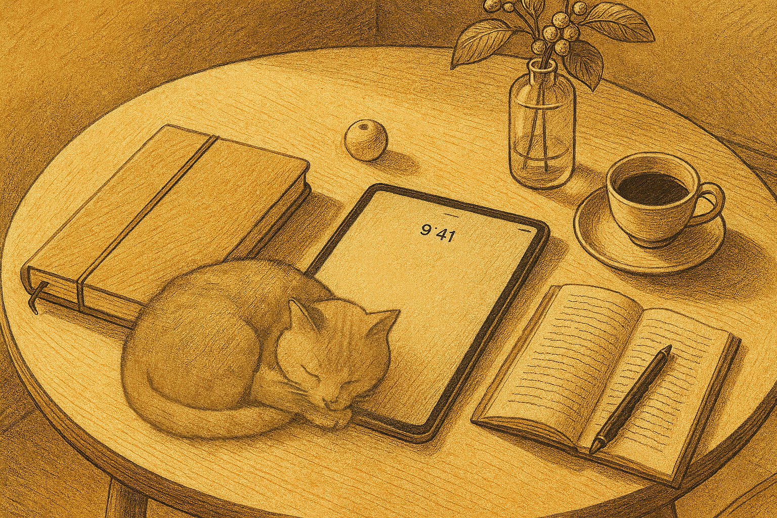 A sketch of a cozy workspace on a round wooden table featuring a sleeping cat, several books, a tablet displaying the time 9:41, an open notebook with a pen, a cup of coffee on a saucer, a vase with a plant, and a small fruit resembling an apple.