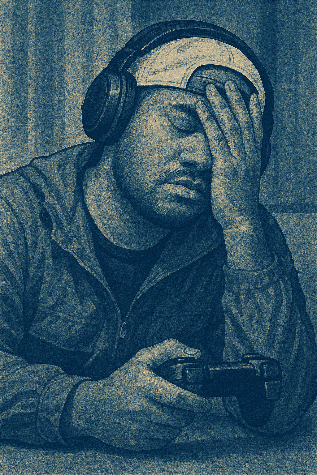 A man wearing a baseball cap and headphones covering his face with his hand, holding a game controller in his other hand.