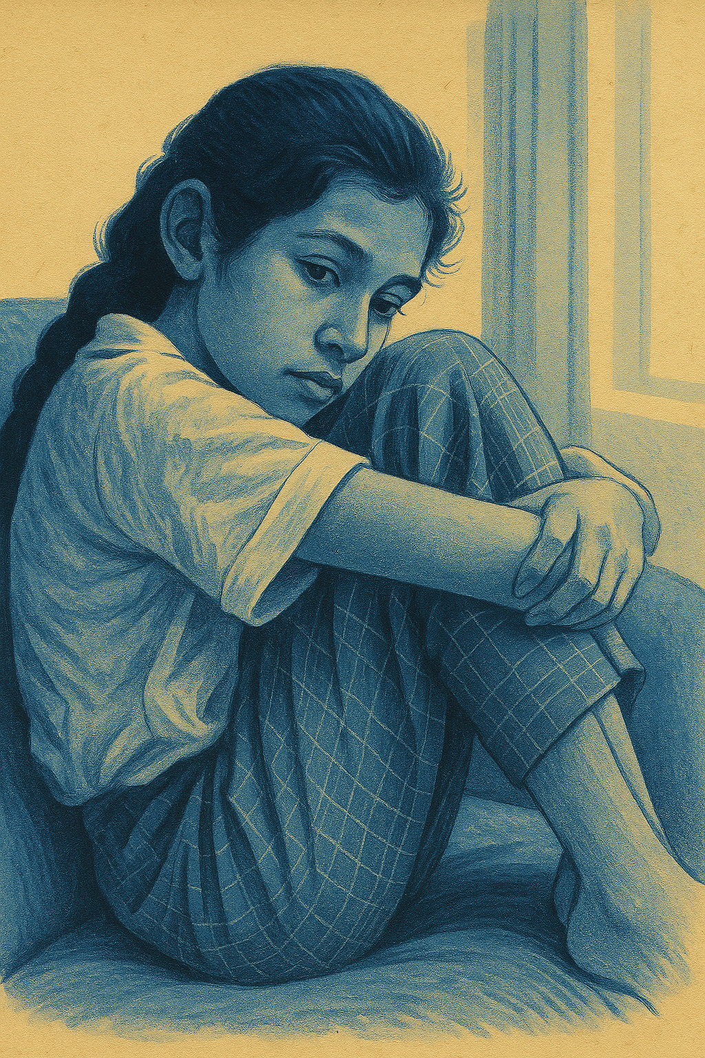 A girl with dark hair in a braid, sitting barefoot on a couch, resting her arms on her knees, looking pensively at the camera.