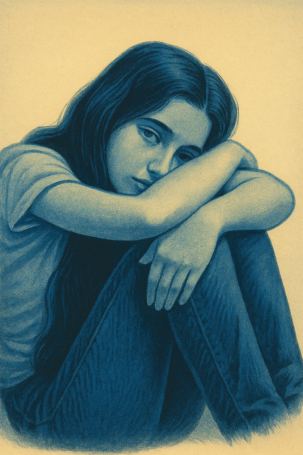 A monochromatic illustration of a young woman with long hair resting her head on her knee, wearing a t-shirt and jeans, with a neutral background.
