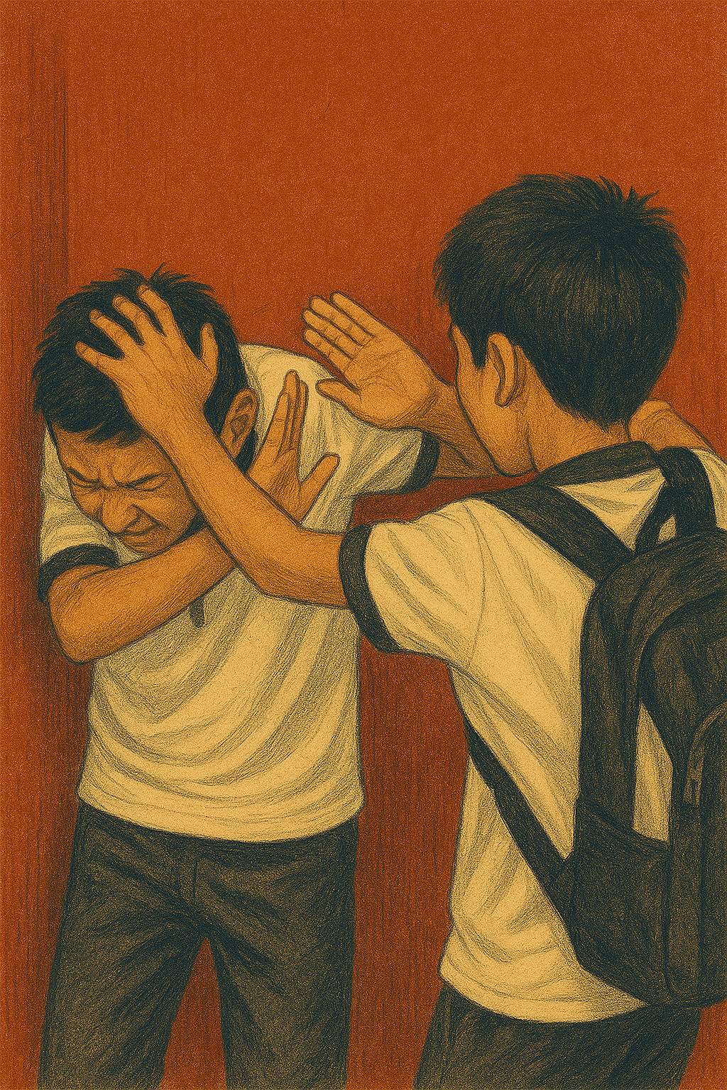 Two students in school uniforms are involved in a physical altercation. One student is grabbing the other by the collar and hitting him, while the other student is defending himself with his hands up. The scene appears tense and aggressive.