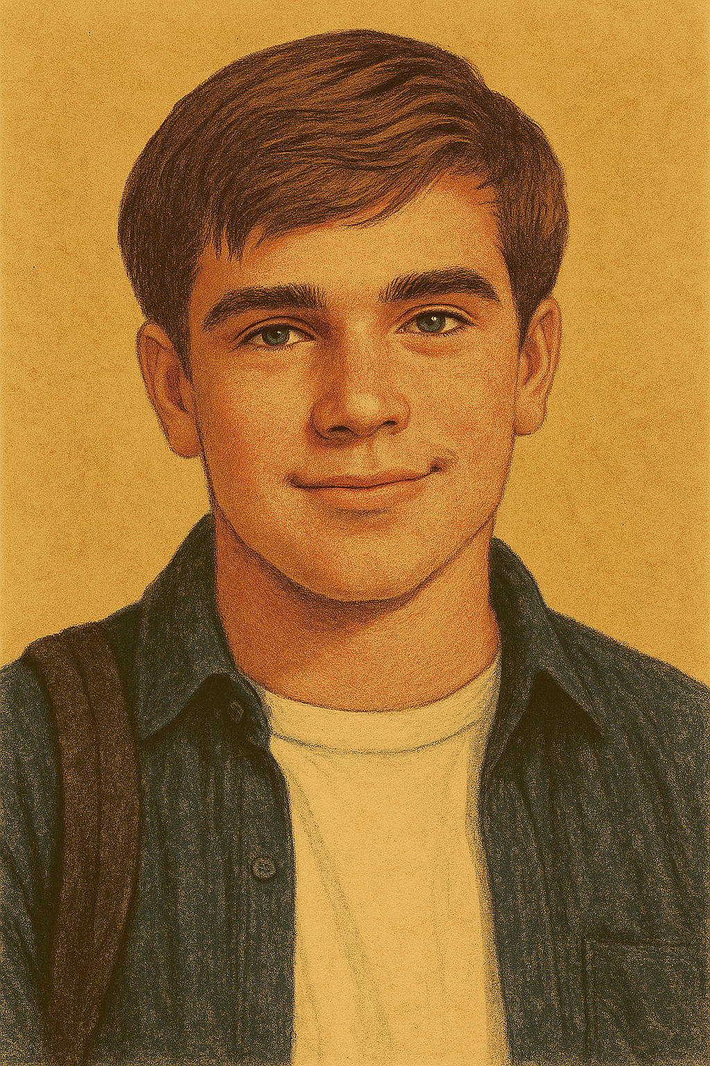 A young man with light brown hair, fair skin, and blue eyes smiling, wearing a dark denim shirt over a white t-shirt, with a brown strap of a bag over his shoulder.