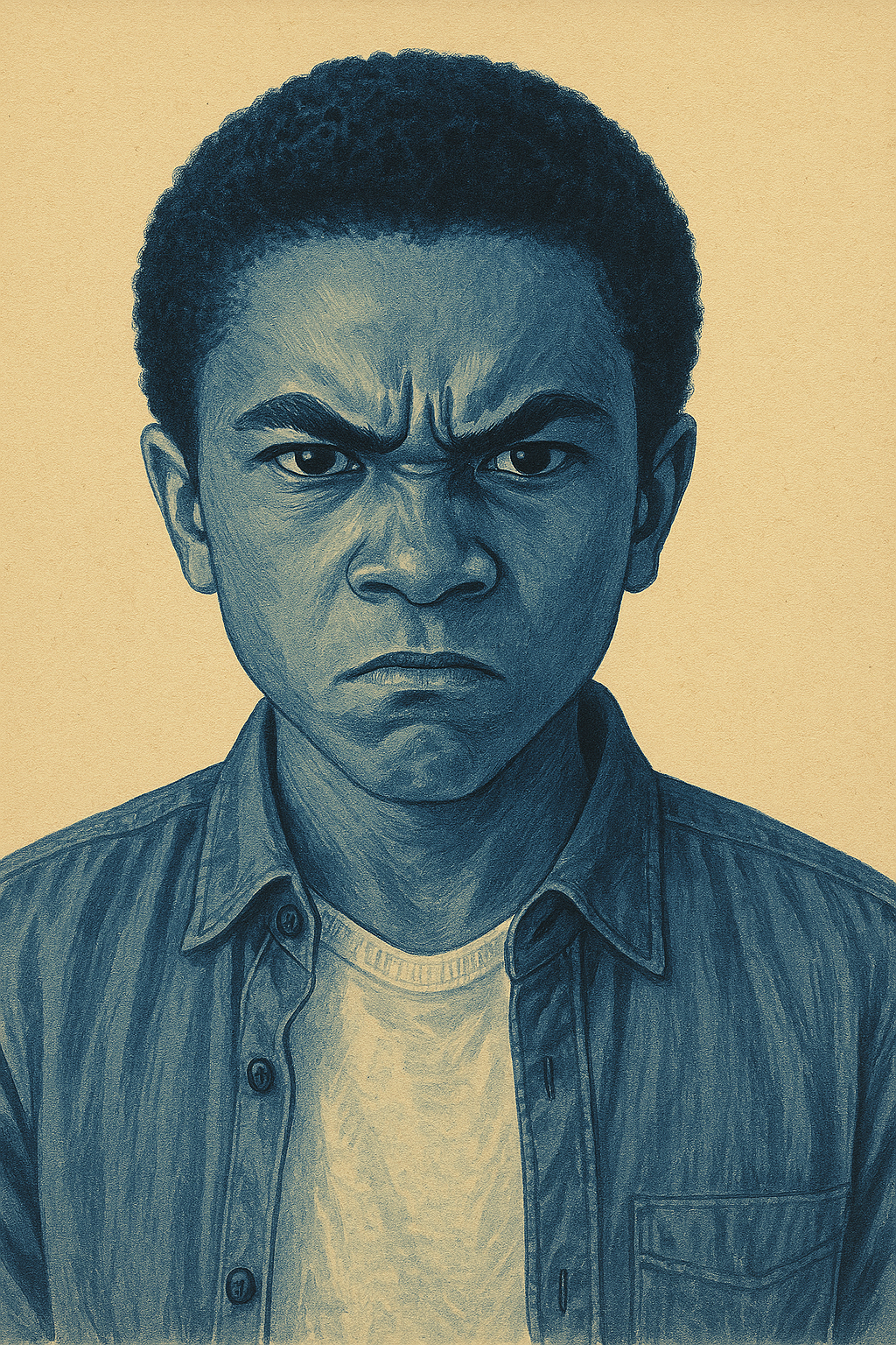 A portrait of a young man with an intense, angry expression, furrowed brows, and lips pressed together, wearing a denim shirt over a white T-shirt.