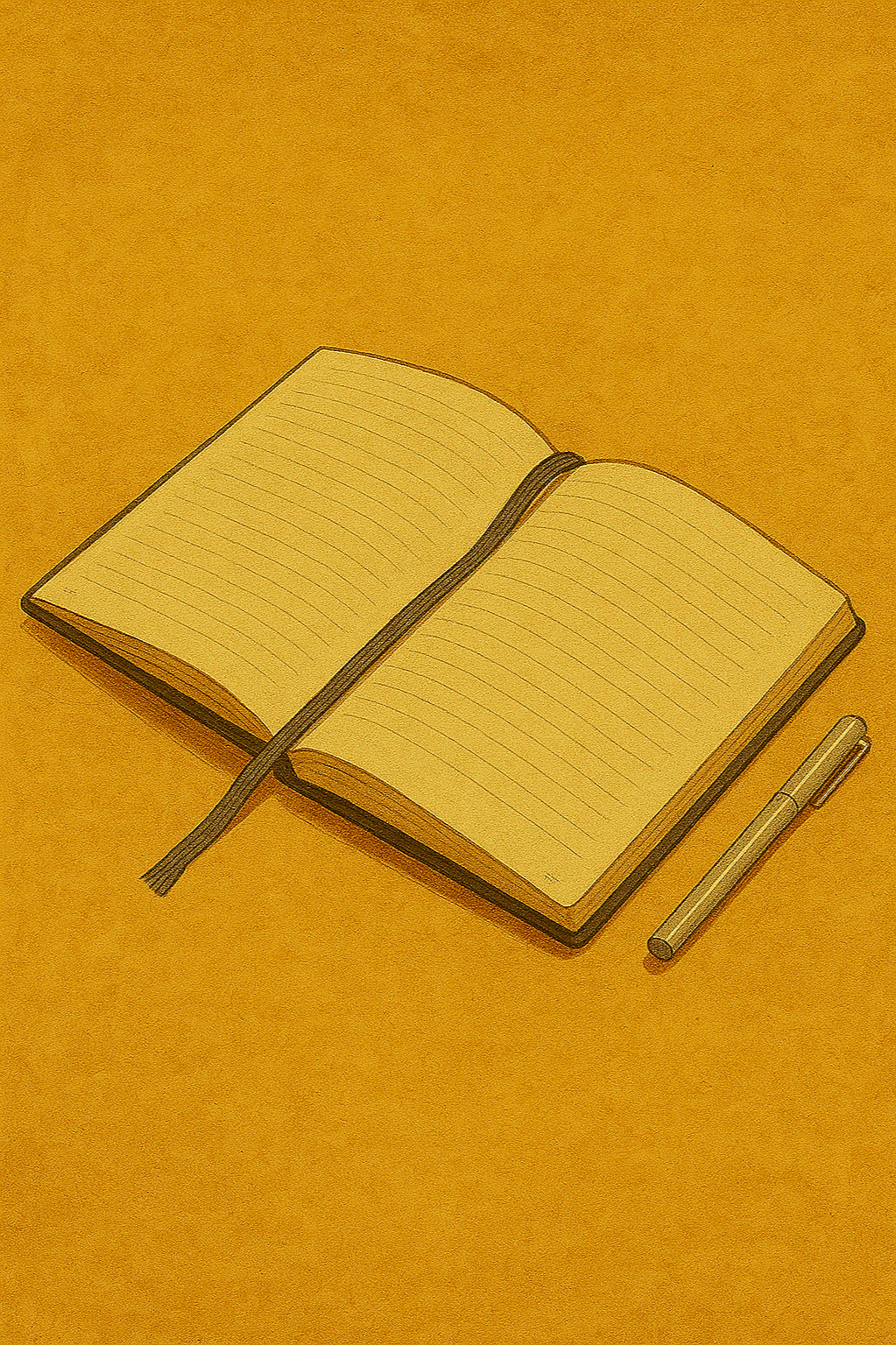 Open notebook with lined pages, a gray pen, and a black ribbon bookmark on a yellow background.