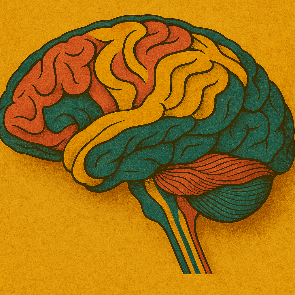 Colorful illustration of a human brain with different sections highlighted in red, yellow, and green on a yellow background.