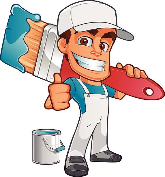 A cartoon man wearing a white cap and overalls holding a paintbrush and smiling.