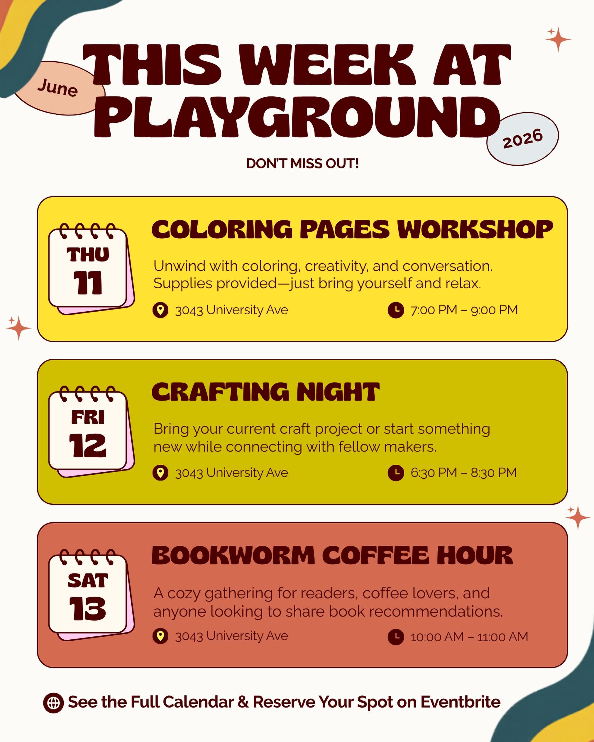 ☕️ This week at The Playground is all about creativity, connection, and coffee!

Join us for:
🖍️ Coloring Pages Workshop
🎨 Crafting Night
📚 Bookworm Coffee Hour

Whether you&rsquo;re looking to relax, meet new people, or dive into a new hobby, we&